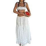 Yuemengxuan Women Y2k Ruffle Maxi Skirts Sets 2 Pieces Going out Set Sleeveless Lace Trim Cami Top Flowy Ruffle Long Skirts (White #g8AD, S)