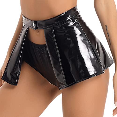 Women's Open Front Leather Skirts High Waisted Pleated Solid Ruffle Skater Skirts Clubwear4