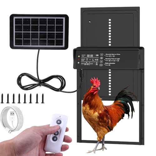 Automatic Solar Chicken Coop Door,Automatic Chicken Solar Powered&USB Charging,with LCD Display&Timer&Light Sensor&Remote Control&Anti-Trap,Aluminum Anti-Pinch Weatherproof Chicken Door