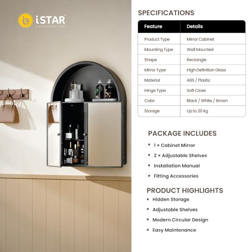 Image of iSTAR Premium Multipurpose Wall Mounted Storage Cabinet with Mirror, Bathroom Cabinet with Mirror /ABS Bathroom Storage Cabinet /Wall Mounted Bathroom Cabinet /Mirror with Storage for Bathroom (Black)