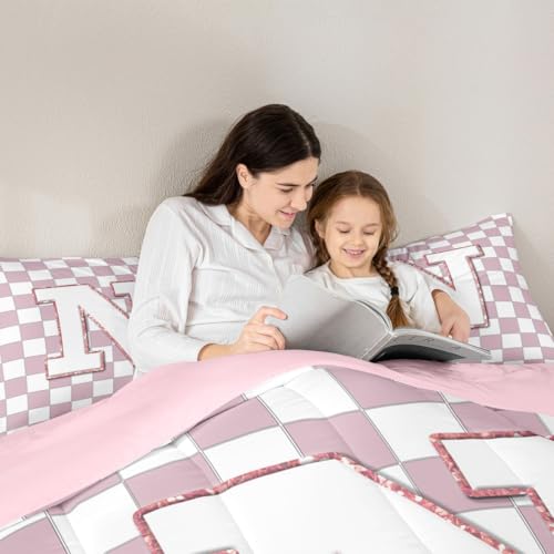 Image of Erosebridal Pink Initial N Kids Comforter Sets Kawaii Plaid Checkered Queen Bedding Set for Girls Teen Women Cute Personalized Monogram Comforter Set,Fashion Grids Gingham Quilt Duvet 3 Pcs