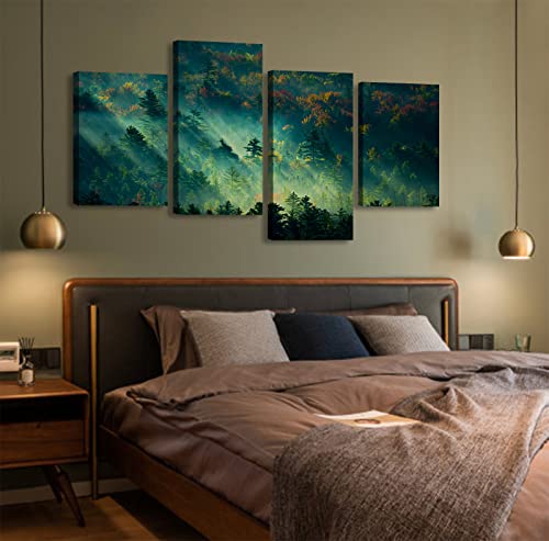 Canvas Wall Art For Living Room - Large Nature Fresh Fog Forest Trees Landscape Painting Canvas Print - Mountain Wall Decorations For Bedroom - Modern Home Green Wall Decor Framed Ready To Hang #TOP1