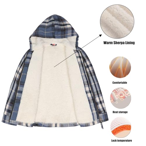Image of ThCreasa Boys Plaid Flannel Jackets Sherpa Lined Zip Up Long Sleeve Warm Flannel Shirt with Hood