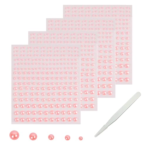 SHUBEIEUMI 900 Piezas Adhesivo de Perla, 4 Hojas Adhesivo de Perla Autoadhesivo, Pegatinas de Perlas, para Maquillaje, Arte de Uñas, Artesanía, Decoración del Hogar, 2/3/4/5/6 mm-Rosa