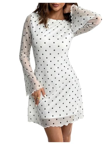 Milumia Women's Polka Dots Long Bell Sleeve Mesh Mini Dress Y2K Party Club A Line Short Dresses White and Black Large