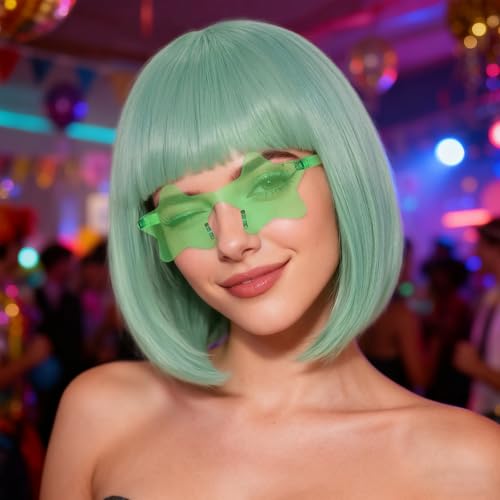 Image of ANOGOL Mint Green Bob Wig with Bangs Green Wigs for Women Colored Wigs | Hair Cap+ Sunglasses Short Neon Wig for Bachelorette Party Funny Outfit for Women Halloween Christmas Costume St Patrick Day