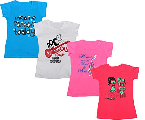 Image of indi weaves Girls Pure Cotton Chest Printed Half Sleeves Round Neck T-Shirts (Pack of 4)