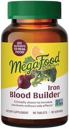 MegaFood Blood Builder Iron Supplement for Women & Men – Increase Iron Levels Without Side Effects – Improves Energy Levels – B12, Folic Acid & Vitamin C for Absorption – Vegan, Non-GMO - 90 Tablets