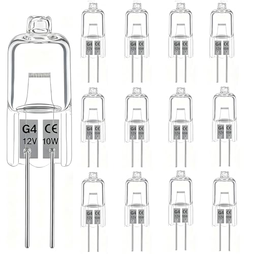 Trubuyware G4 12V 10W Halogen leuchtmittel 12 Stück Halogen G4 10W Warmweiß 2700K klare Kapsel 2 polige Stiftsockellampe Dimmbar für Dunstabzugshauben Schränke Tischlampen Deckenleuchten