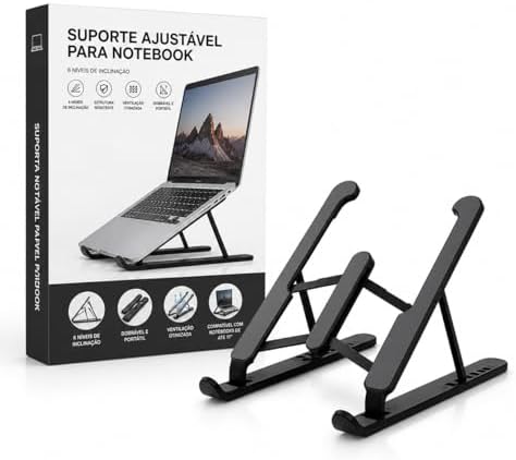 Suporte para Notebook Ajust&aacute;vel Ergon&ocirc;mico Dobr&aacute;vel Port&aacute;til com 6 N&iacute;veis de Altura, Base Antiderrapante, Ventila&ccedil;&atilde;o, Compat&iacute;vel com Laptop, MacBook, Tablet e iPad, Ideal para Home Office e Viagem