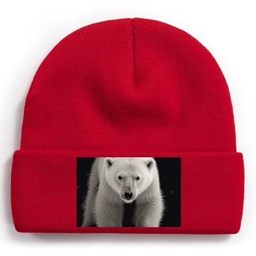 Image of Polar Bear Beanie for Women Men Knitted Hat Soft Skull Cap with Cuffed Design Winter Warm Hats Red