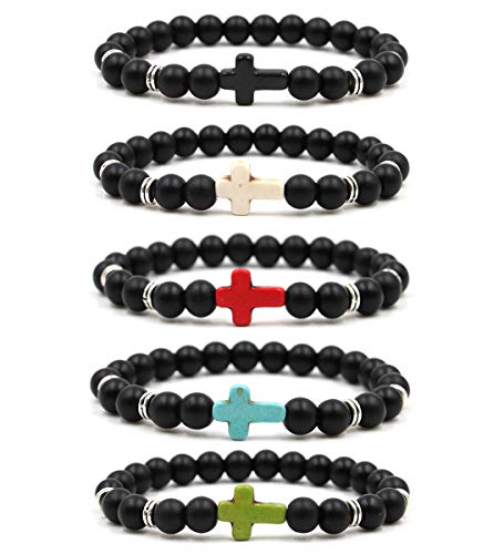 EVELICAL 5Pcs Bead Bracelet for Men Women Lava Rock Stone Cross Bracelet Elastic Black Matte Agate