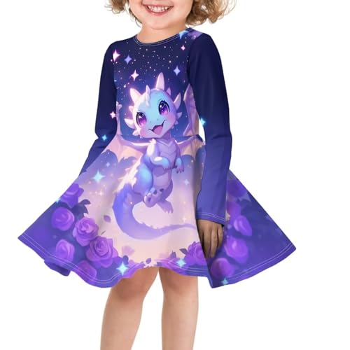 Cute Dragon Dresses for Kids Girl 4-14T Long Sleeve Midi Dress Fall Casual Dresses 2025 Round Neck Sundress3