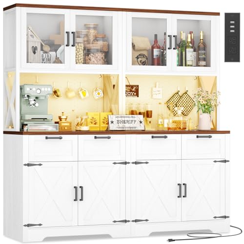 Unikito 71 Tall Kitchen Pantry Storage Cabinet with LED Light & Outlet 63 Wide Kitchen Hutch Cabinet with Large Countertop DIY Pegboard and Drawers Farmhouse Food Pantry for Living Room