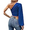 LYANER-Womens-Ruched-One-The-Shoulder-Lantern-Long-Sleeve-Crop-Blouse-Shirt-Top-Royal-Blue-Large LYANER Women's Ruched One The Shoulder Lantern Long Sleeve Crop Blouse Shirt Top Royal Blue Large