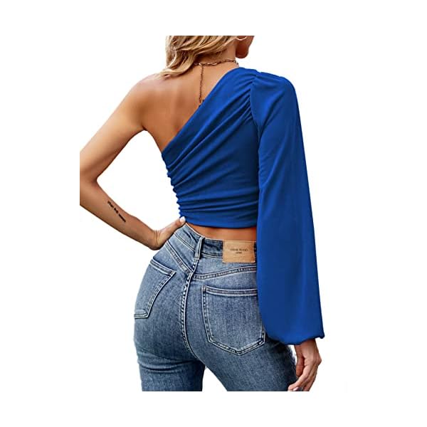 LYANER-Womens-Ruched-One-The-Shoulder-Lantern-Long-Sleeve-Crop-Blouse-Shirt-Top-Royal-Blue-Large LYANER Women's Ruched One The Shoulder Lantern Long Sleeve Crop Blouse Shirt Top Royal Blue Large