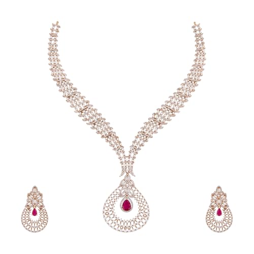KUSHAL'S Fashion Jewellery Ruby Gold Rose Plated Zircon Necklace Set with Stud Earrings for Women Adjustable C