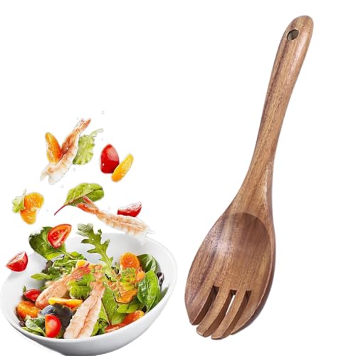 Ustensiles de cuisine en bois - Spatula en bois de teck et fourchette à salade - Cuillères de service en bois naturel pour bague, pâtisserie, mélange et cuisson - Outils de cuisine sans adhésif - 38 x