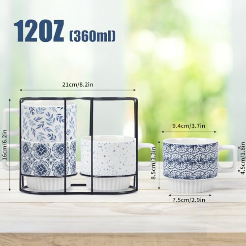 Lavezee BR230671 Stackable Coffee Mugs With Stand, 12 Oz Ceramic Drinking Mug Cup Gift Set Of 4 For Tea Milk Latte, Geomertic Patten Mug With Square Shaped Handle thumb #2
