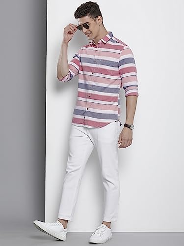 Image of The Indian Garage Co Men Slim Fit Striped Full Sleeves Cutaway Collar Casual Shirt