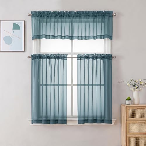 Image of Chyhomenyc Stone Blue Sheer Valances for Windows - Light Filtering Small Kitchen Curtains, Rod Pocket Short Top Window Treatment Decor for Living Room Bathroom Basement, 42Wx16L inches, 2 Panels