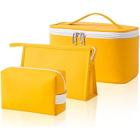 WENYA Cosmetic Bags for Women, 3 Pack Portable Leather Cosmetic Bags with Zipper Waterproof, Large Travel Cosmetic Bag Organiser Set for Women Girls(Yellow) Cover