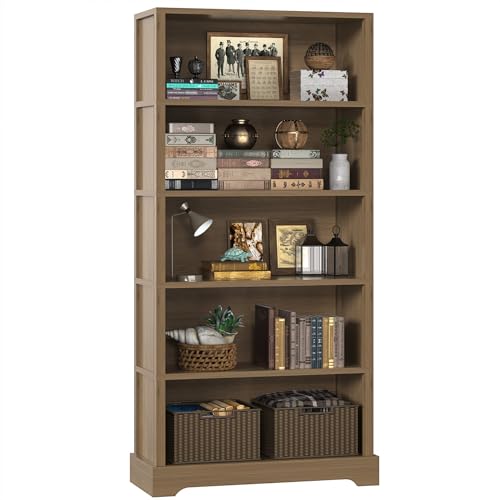 Image of TVU 5-Tier Wooden Bookshelf, 65 inch Tall Farmhouse Style Open Bookcase, 31.5 inch W Standing Book Shelf with Storage, Suitable for Study, Living Room, Office, Teak