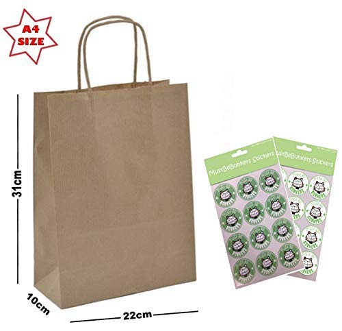 Kraft Tan A4 Paper Party Gift Bags With Seal Stickers - Boutique Shop Loot Carrier Bag - Pick Amount (30 Bags)