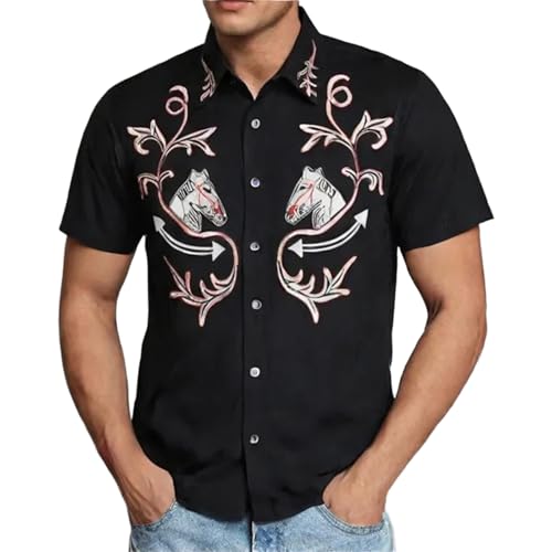 Duohropke Chemise western pour homme - Manches courtes - Broderie - Chemise à manches courtes - Chemisier occidental - Costume de mariage - Coupe ajustée - Chemise de loisirs - Chemise de cowboy
