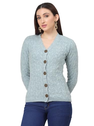 Image of Kalt Women Full Sleeves Cable Button Acrylic V-Neck Sweater