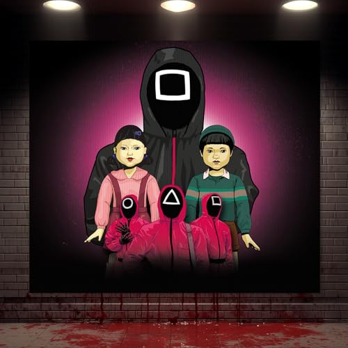 Premium Thriller Game-Inspired Backdrop – 150x130cm Vibrant Pink Gradient Design with Figures in Red Suits – Perfect for Themed Parties, Cosplay, Wall Decoration & Decor (Squid-Style-5)