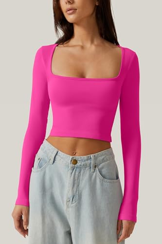 Meyeeka Women's Sexy Long Sleeve Crop top Seamless Square Neck Trendy T Shirt Tops3