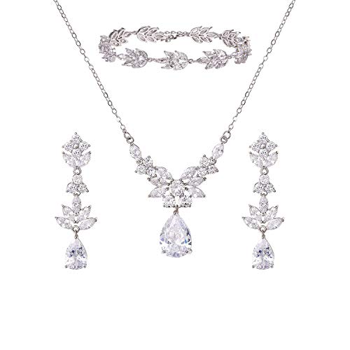 SWEETV Teardrop Wedding Bridal Jewelry Set for Brides Women Bridesmaid, Crystal Rhinestone Backdrop Necklace Earring Sets for Prom