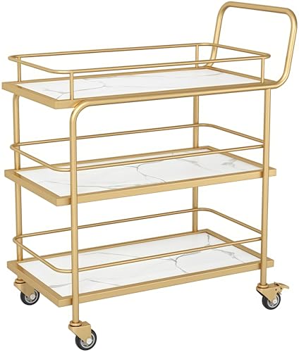 Carrito de bebidas dorado con ruedas con ruedas con cerradura de 3 niveles, para cocina y sala de estar, estante de almacenamiento multiusos de madera y metal