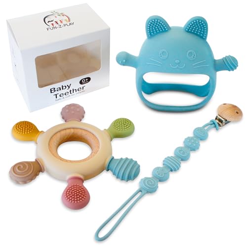 Baby Teething Toys for 0-12 Months Babies, 3 Pack, Silicone Pacifier Clip Holder with Teething Mittens and Silicone Teethers for Babies, Soft Handheld Teether Baby Chew Toys for Infants, (Blue)