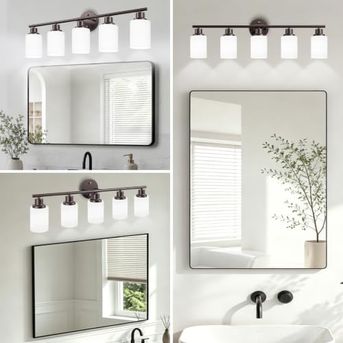 Image of 5-Light Bathroom Light Fixtures, Vanity Lights for Mirror with Textured Milky White Glass Shade, Modern Kitchen Light Fixtures Wall Sconce Light - E26 Base - Oil-Rubbed Bronze