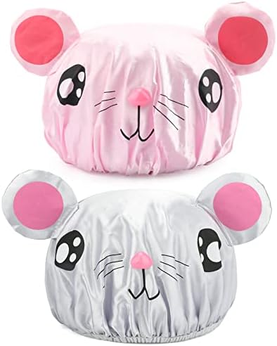 FirstKitchen Shower Cap for Kids, 2PCS Toddler Shower Cap, Cute Shower Cap with Double Layer, Kids Shower Caps for Girls Boys Child with Cartoon Animal(Pink Cat + Gray Cat)