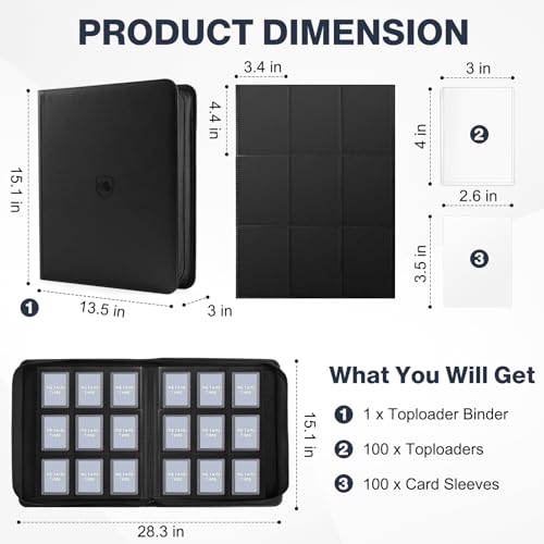 Image of Top Loader Binder 9 Pocket, Holds 360 Toploaders, 100 Toploaders INCLUDED | Toploader Binder for 3 inch x 4 inch Rigid Toploaders, Trading Card Binder for TCG, MTG, Sport Cards, PU Leather Cover, Side Loading