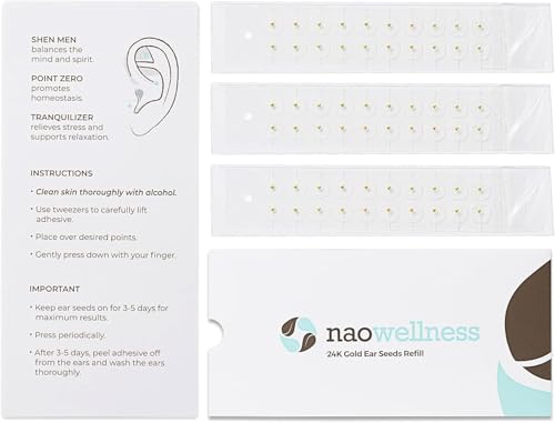 NAO Wellness 24K Gold Ear Seeds- Auriculotherapy Seeds Self-Care Acupressure Beads with 10+ Solutions 60 Acupuncture 24K Gold Ear Seeds 5 Months of Supply