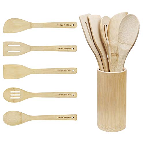 Personalized 5 Pieces Bamboo Cooking Utensil Set With Holder, Custom Engraved Wooden Kitchen Utensils Spatula & Spoon for Nonstick Cookware and Wok, Perfect Gifts (Spoons and Spatula with Holder)