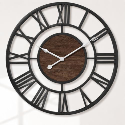 Orologio Da Parete Grande Moderno,Orologio Da Parete Nero Vintage Industriale In Metallo Slenzioso Con Numeri Romani 35cm Con Quadrante Elegante In Noce Per Soggiorno,Ufficio,Cucina,Camino