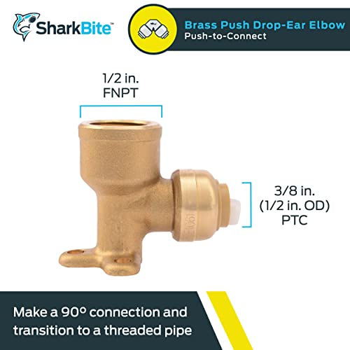 Sharkbite 3/8 Inch X 1/2 Inch Drop Ear Elbow, Fnpt, Push To Connect Brass Plumbing Fitting, Pex Pipe, Copper, Cpvc, Pe-Rt, Hdpe, U332Lfa #TOP1