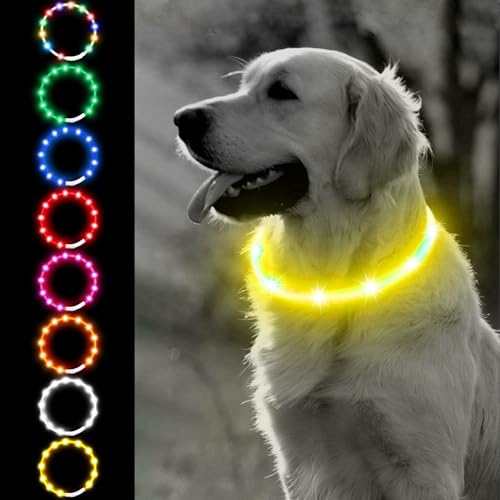 光る首輪 犬 USB充電式 4つ発光モード 20分充電で最長7時間使用可能 70cm サイズ調節可能 LED発光首輪 軽量 ペットのお散歩安全対策 事故防止 視認距離500m 小/中/大型犬適応 (イエロー)