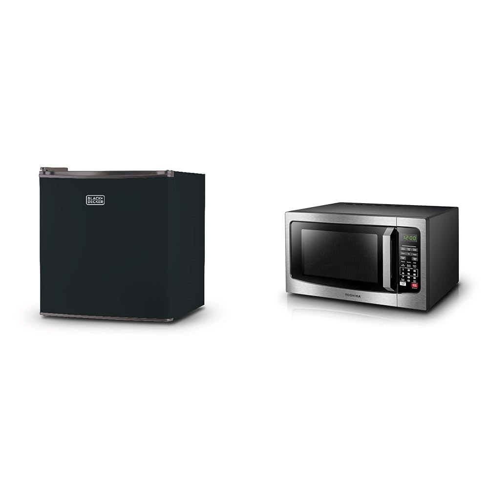 BLACK+DECKER BCRK17B Compact Refrigerator Energy Star Single Door Mini Fridge with Freezer, 1.7 Cubic Feet, Black &amp; TOSHIBA EM131A5C-SS Countertop Microwave Ovens 1.2 Cu Ft, 12.4"