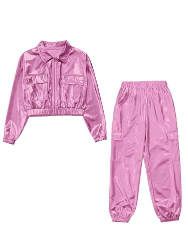 Kids Girls Metallic Dance Outfit Sparkly Jacket and Jogger Cargo Pants Shiny 2 Piece Jazz Hip Hop Dancewear3