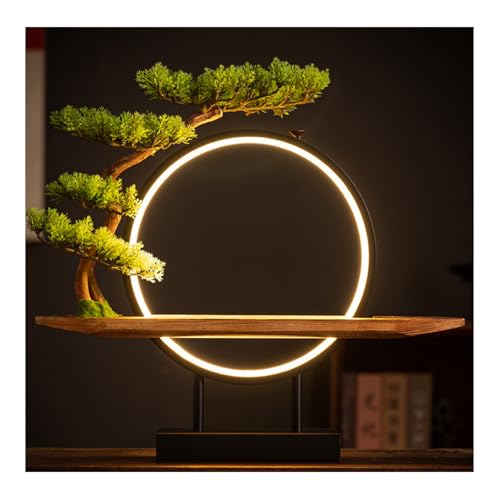 Vifxucy 禅仏 装飾 人工観葉植物 リビング 植木鉢 装飾 オフィス フェイク盆栽 LEDライト付き ホームデコレーション ギフト (丸灯籠リング1個 + 松葉台座)