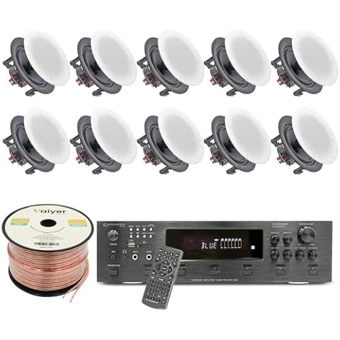 Vaiyer Home Audio System Kit, 6-Channel 6000 Watts Bluetooth Amplifier w/ 5.25" 10 QTY of 175 W Each Frameless in-Ceiling Speakers & 16 AWG 500 ft Speaker Wire - Perfect for Home/Office/Bar/Restaurant Cover