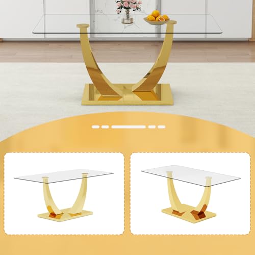 NYEESS 71” Glass Dining Table, Large Dining Room Table for 6-8, Gold Kitchen Table for Dining Room,0.4 Thickened Tempered Glass Top with Golden Rectangular Base