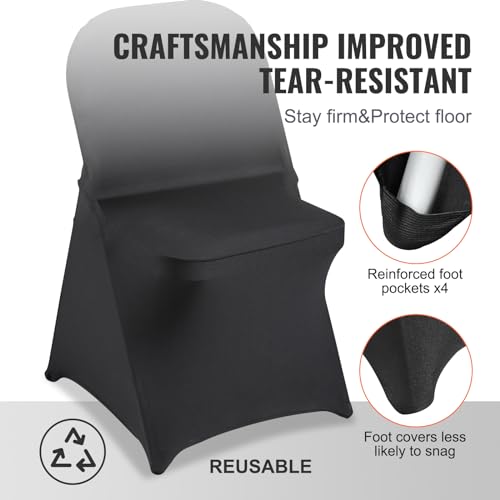 Image of VEVOR 100 Pcs Stretch Spandex Folding Chair Covers Universal Fitted Black | for Wedding Holiday Party Banquet Celebration, Elegant Event Decor, Dining Room Chair Cover, Removable Washable Slipcovers