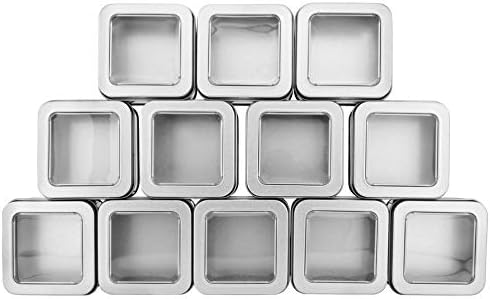 Cornucopia Square Silver Metal Tins w/View Window (12-Pack); Empty 1/2 Cup / 4-Ounce Capacity Clear Top Metal Boxes Great for Candles, Candies, Gifts, Balms & Treasures